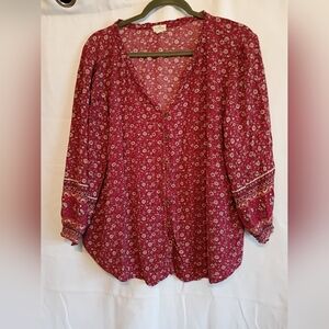 Mason & Belle Size 2x Elegant Floral V-Neck Blouse - Burgundy/Pink.